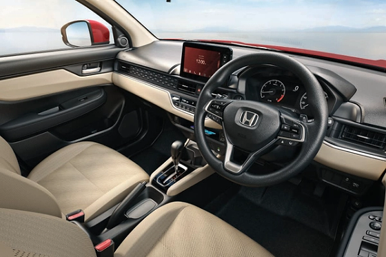 Honda Amaze, Beige-and-black two-tone cabin with leather-wrapped steering wheel, floating touchscreen and TFT meter