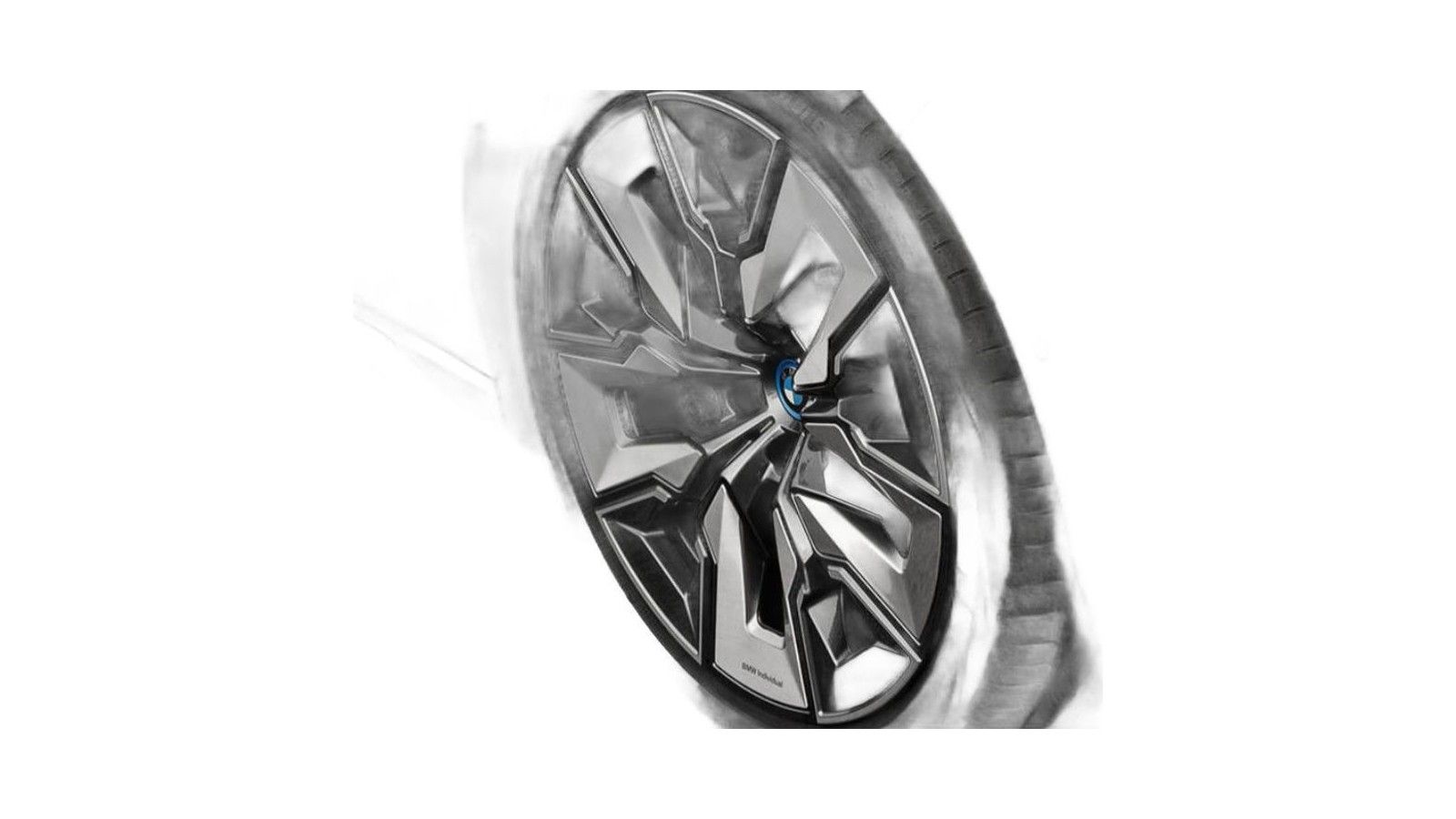 Modern multi-spoke alloy wheel with blue center cap and dark tire.