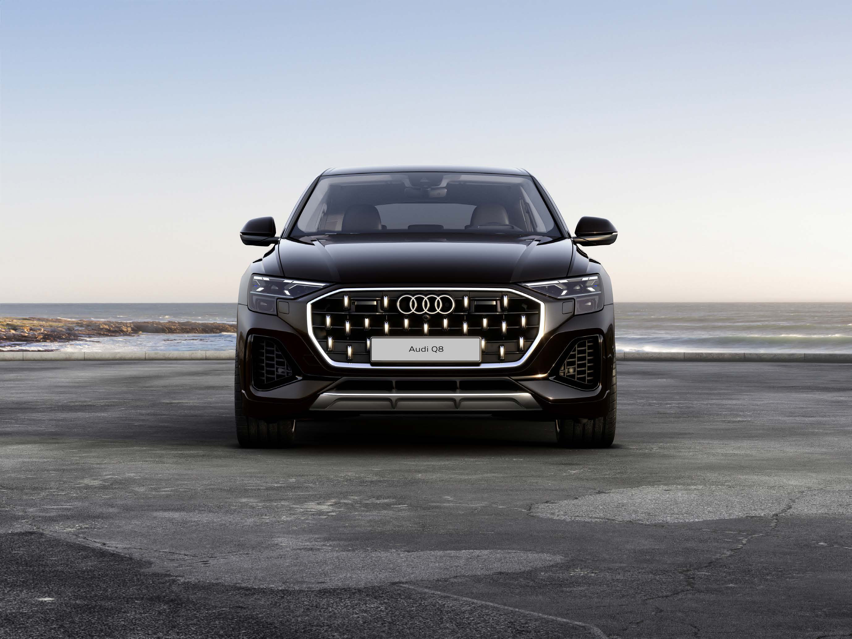 Audi Q8 — Bold single-frame grille flanked by slim HD Matrix LED headlights.
