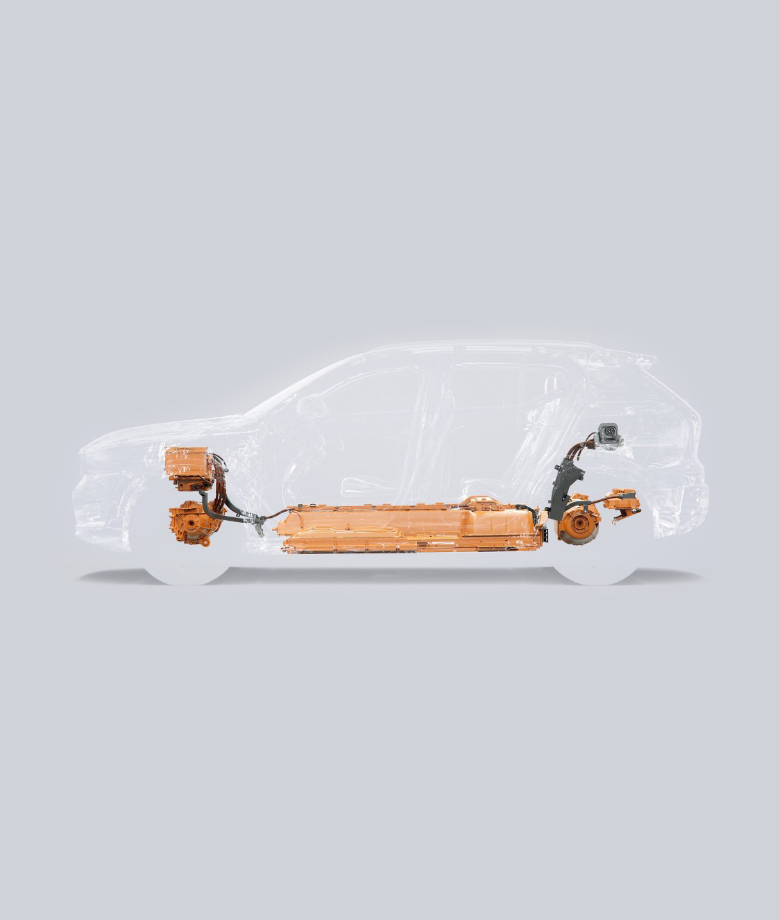 Volvo EC40 — Cutaway showing the high-voltage battery pack encased in a protective safety cage between the axles, with electric motors at the front and rear.