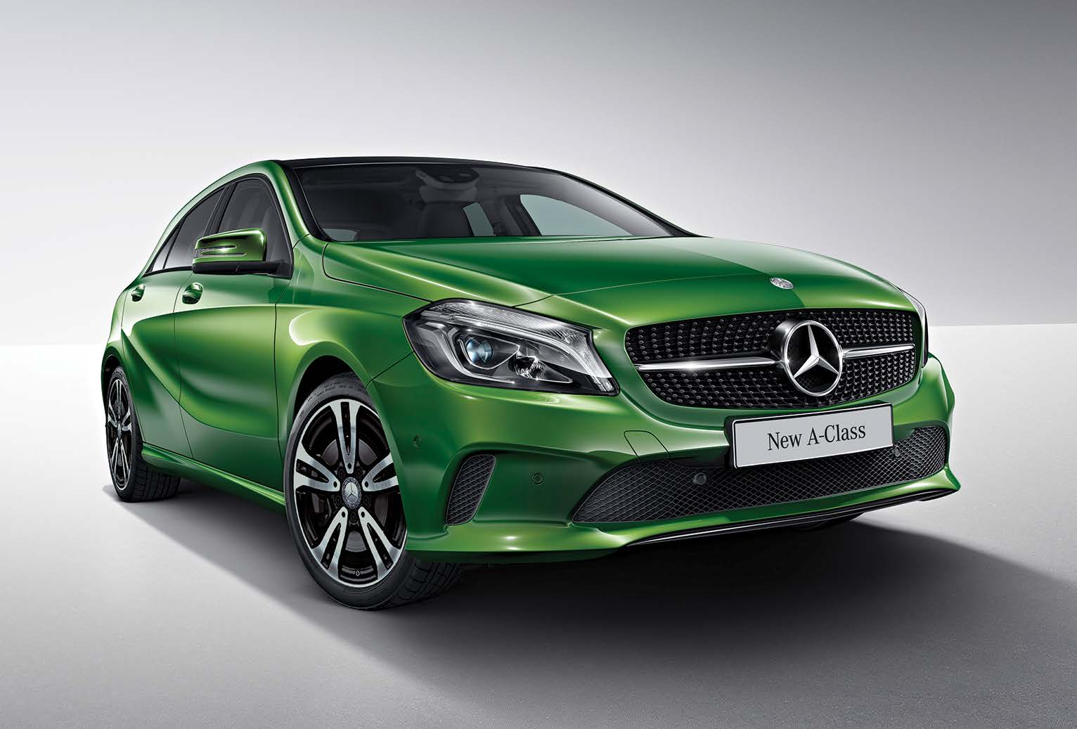 Mercedes-Benz Mercedes-AMG A45 S — Front three-quarter styling with the diamond-block radiator grille, LED headlamps and machined 5-twin-spoke alloy wheels.