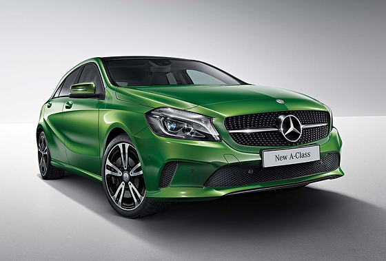 Mercedes-Benz Mercedes-AMG A45 S, Front three-quarter styling with the diamond-block radiator grille, LED headlamps and machined 5-twin-spoke alloy wheels.