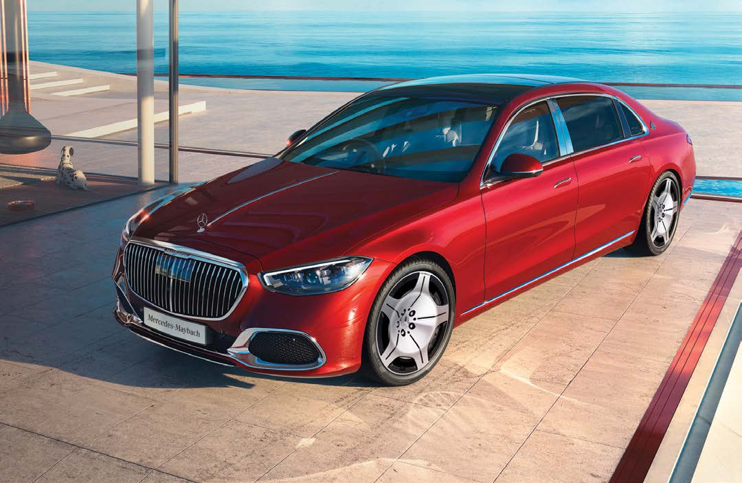 Mercedes-Benz Mercedes-Maybach S-Class — Front three-quarter view showing the upright Maybach radiator grille, the three-pointed star bonnet ornament and the full-LED headlamps.
