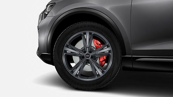 Audi Q8, 53.34 cm (R21) graphite-grey 5-segment-spoke alloy wheels with red brake calipers.