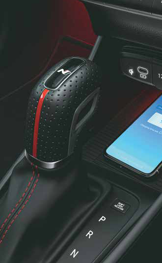 Hyundai i20 N Line — Perforated leather-wrapped DCT gear knob with N logo