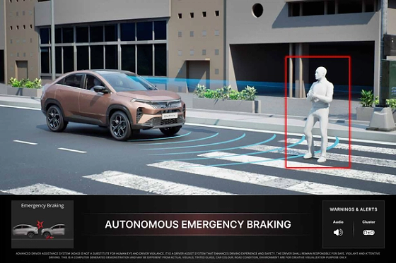 Tata Curvv, Automatic Emergency Braking detects collision risks and brakes automatically to protect occupants and others.