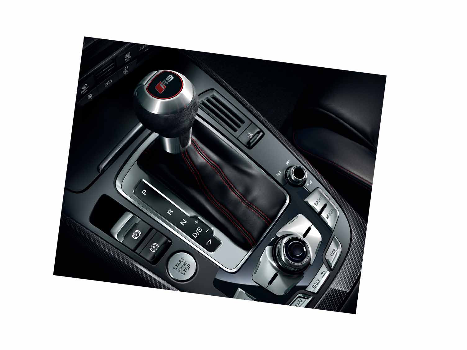 Audi RS5 — Centre console with RS selector lever, engine start-stop and MMI rotary control