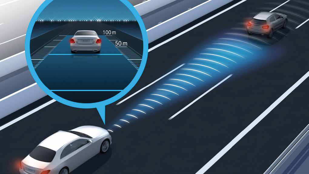 Mercedes-Benz CLA Electric — Radar-based adaptive cruise control maintaining a set distance to the vehicle ahead.