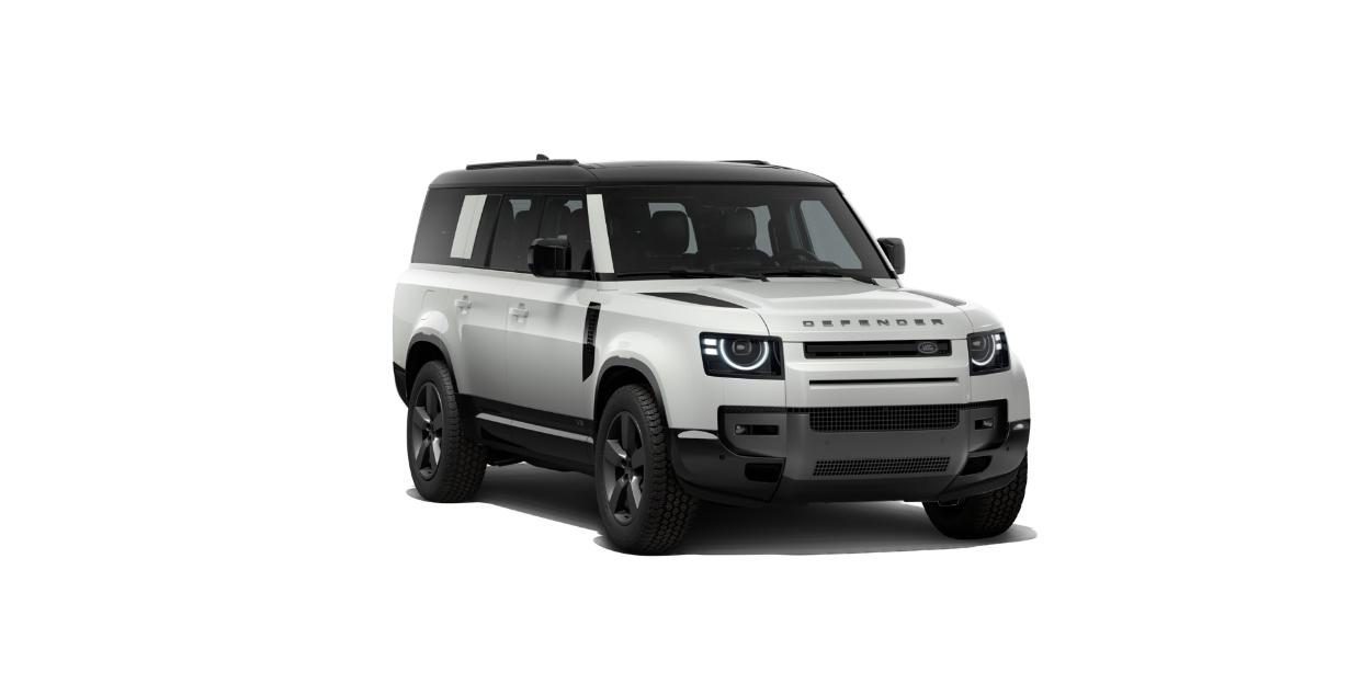 Land Rover Defender — Long-wheelbase Defender 110 in Fuji White, the five-door body carrying a black contrast roof and round LED headlights.