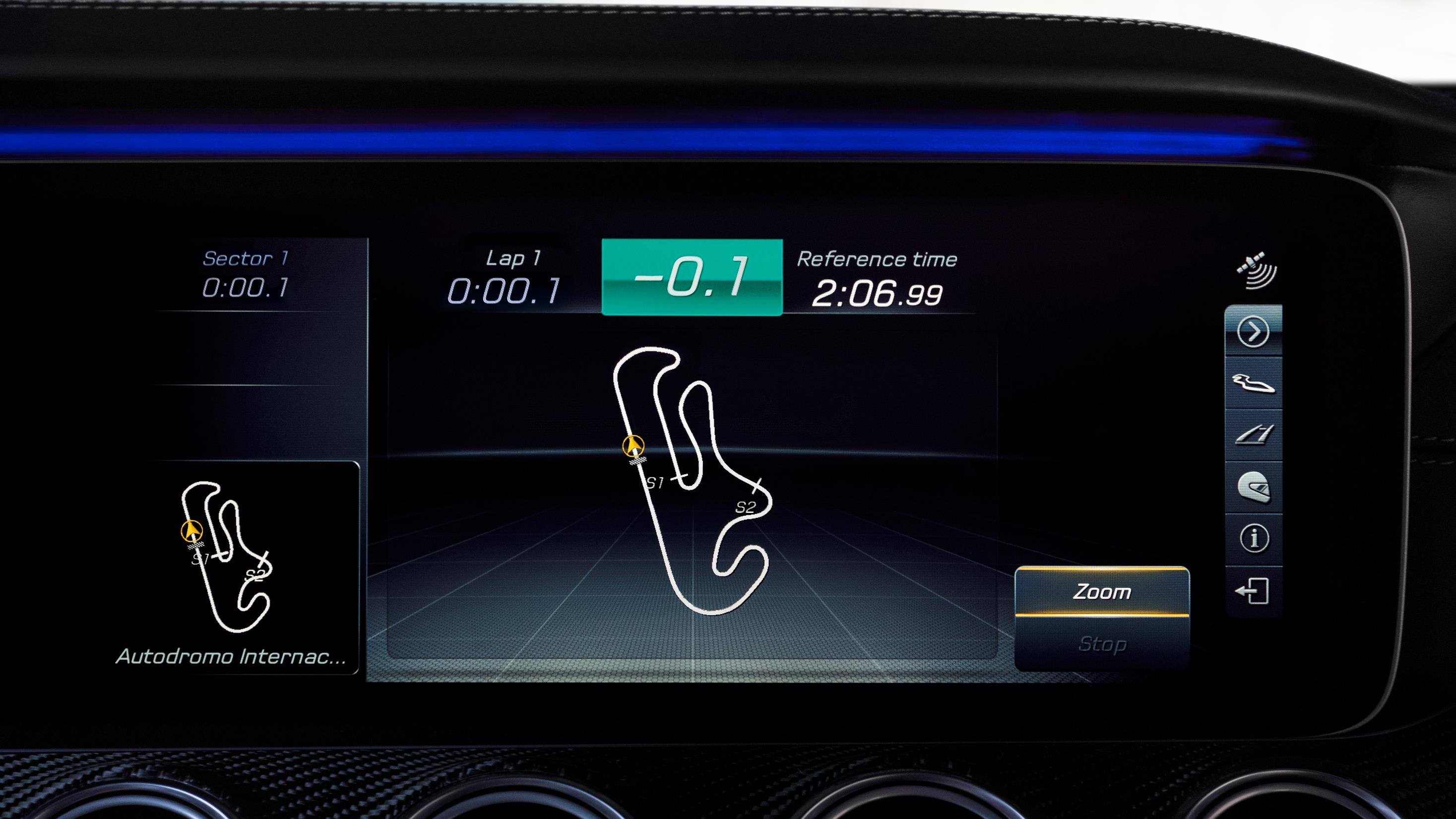 Mercedes-Benz Mercedes-AMG GT 63 S E Performance — AMG TRACK PACE displaying lap, sector and reference times on a circuit map.