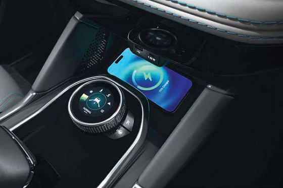 Tata Harrier EV, 45 W wireless smartphone charger sits ahead of the jewel-like terrain response dial