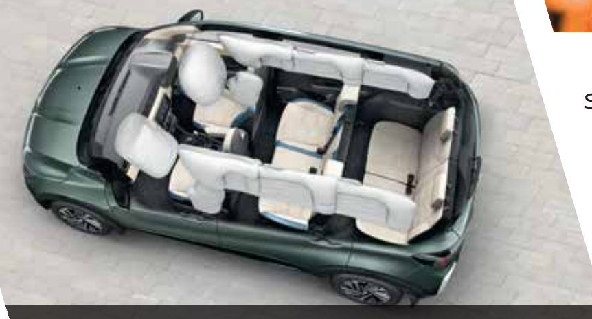 Nissan Gravite — Six airbags deployed across all three rows in a cutaway top view