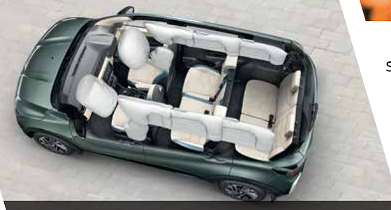 Nissan Gravite, Six airbags deployed across all three rows in a cutaway top view