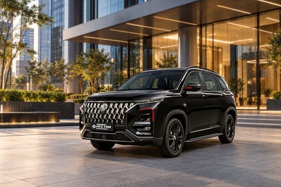 MG Hector, Blackstorm: all-black body, Storm Hex grille, dark chrome badges and black Aura Storm Blade alloys