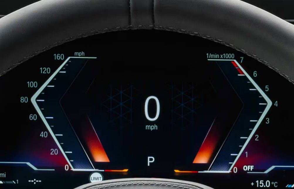 Digital instrument cluster displaying speedometer at 0 mph and engine in Park mode.