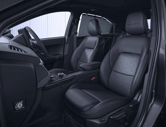 Tata Curvv, Leatherette seats with #DARK insignia and geometric-pattern inserts, exclusive to the #DARK edition.