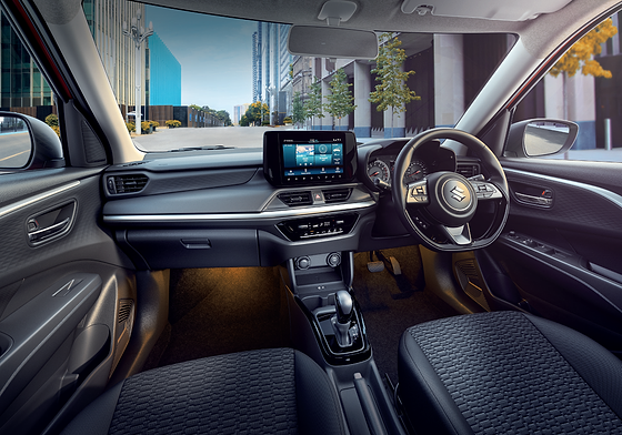 Maruti Suzuki Swift, All-black driver-oriented dashboard with floating touchscreen and flat-bottom steering wheel