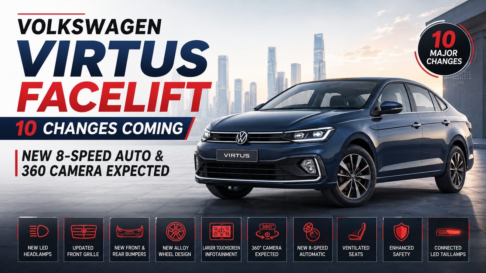 Volkswagen Virtus facelift: 10 changes coming, new 8-speed auto & 360 camera expected
