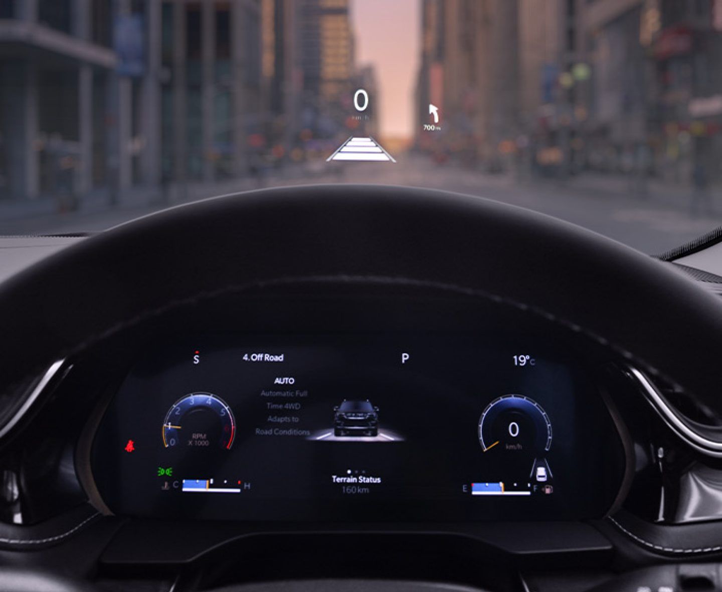 Jeep Grand Cherokee — Head-up display projecting speed and turn-by-turn navigation onto the windshield, above a fully digital driver's cluster set to the 4WD Off-Road terrain mode.