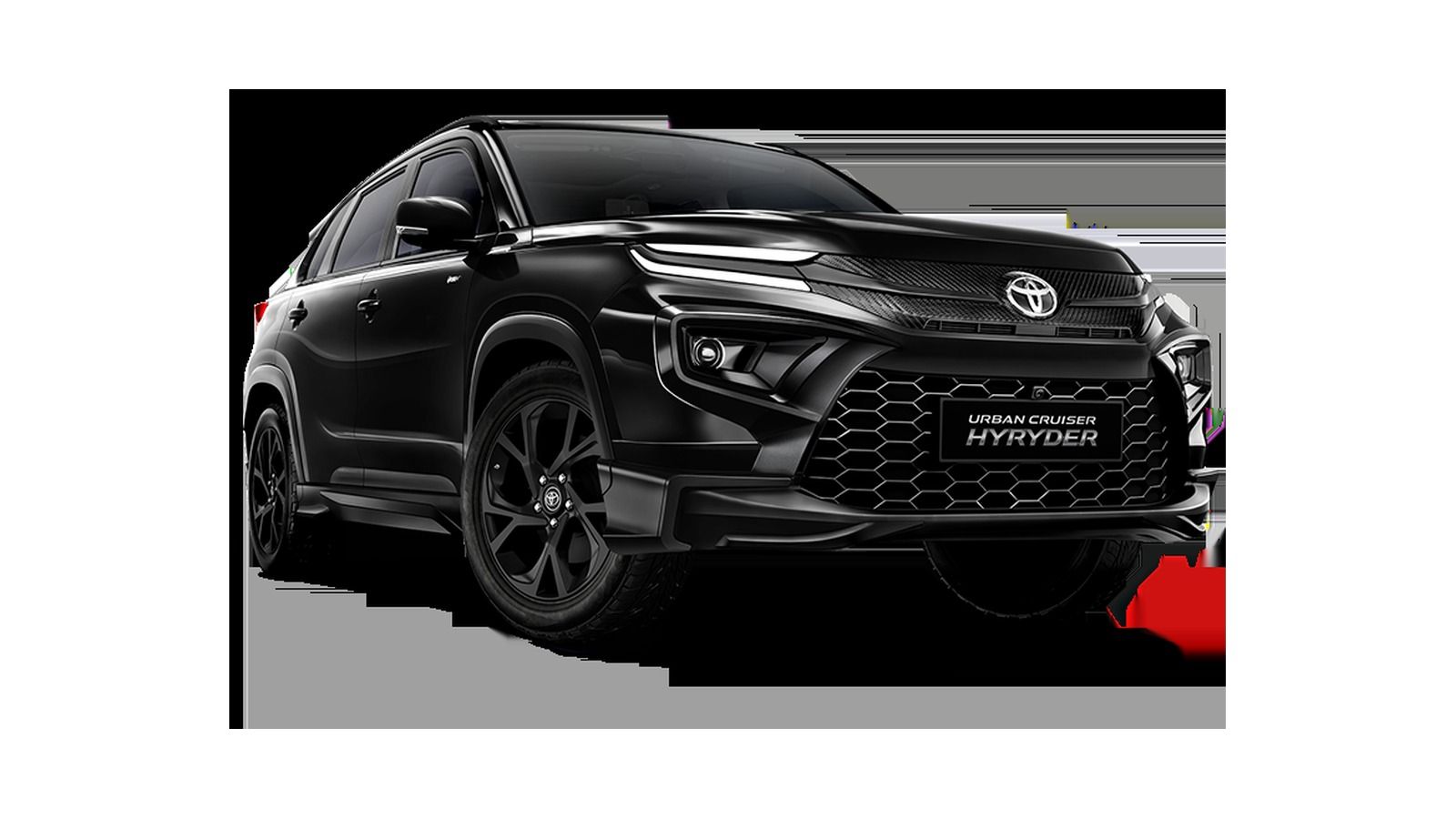 Toyota Urban Cruiser Hyryder — Aero Black Edition — blacked-out grille, headlamp & tailgate garnishes, front + rear spoiler, black alloy wheels and an exclusive Aero Black badge. A Rs 31,999 styling package on Midnight Black G & V (Neo Drive & Strong Hybrid); cosmetic only.