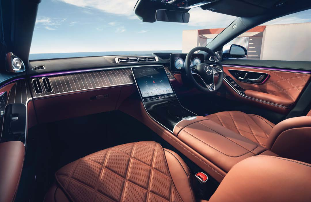 Mercedes-Benz Mercedes-Maybach S-Class — Driver-focused cabin with portrait central touchscreen, digital instrument display and quilted Nappa leather.