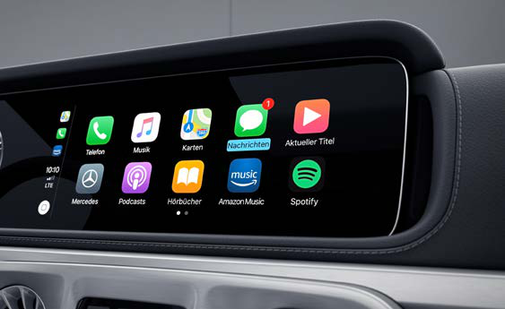Mercedes-Benz G-Class — Smartphone integration on the central media display, showing phone, music, navigation and audio apps