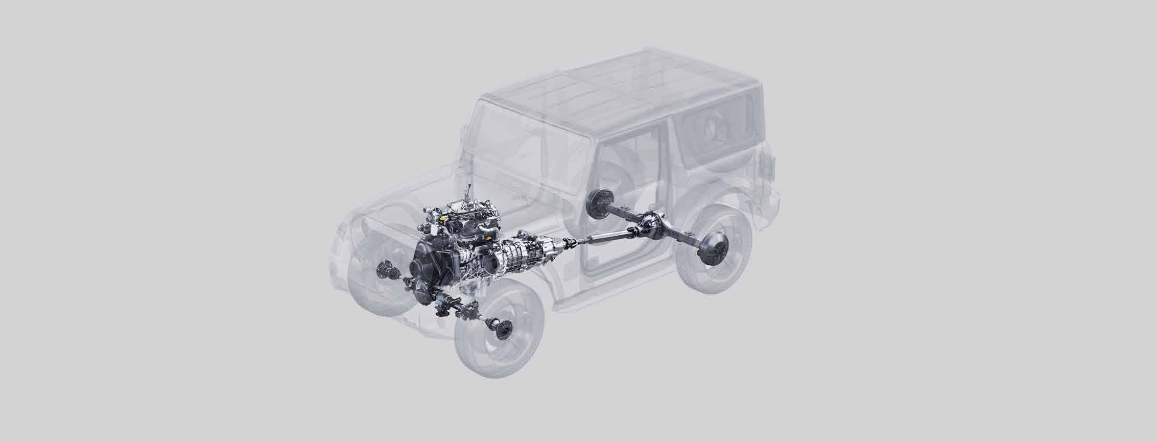 Mahindra Thar — Longitudinally-mounted diesel/petrol engine and gearbox driving front and rear axles through the body-on-frame part-time 4x4 drivetrain