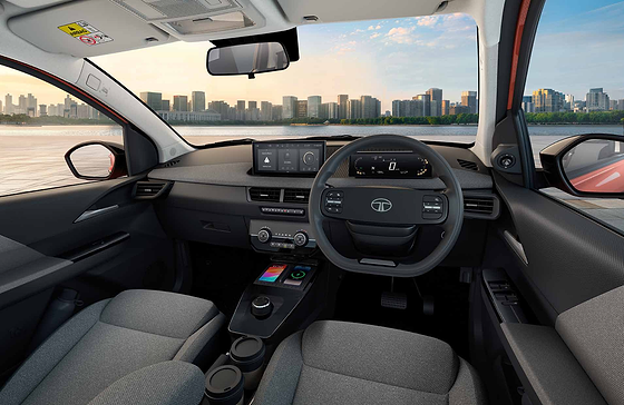 Tata Tiago, Fabricia Luxe fabric-wrapped dashboard with SportLuxe steering wheel and floating touchscreen