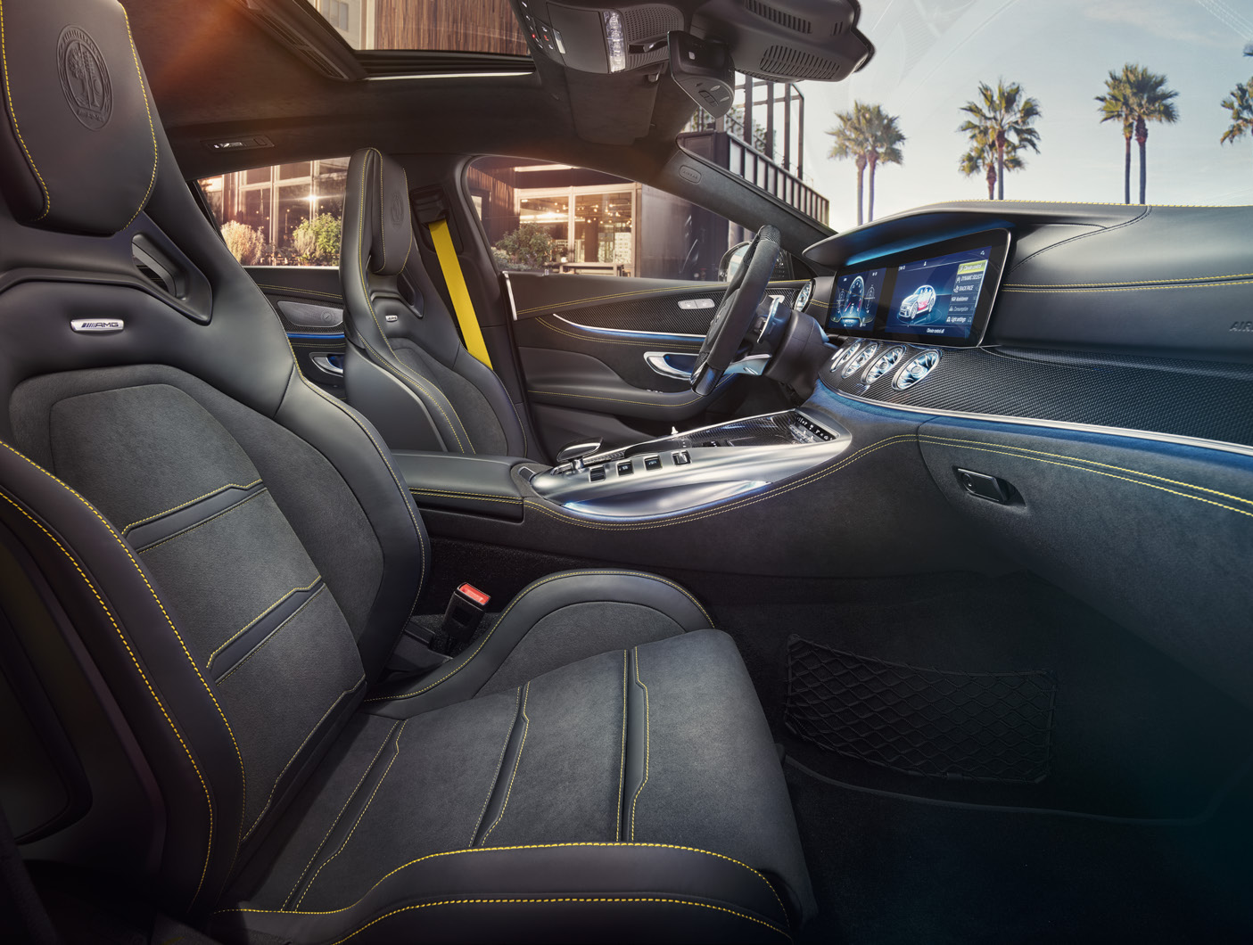 Mercedes-Benz Mercedes-AMG GT 63 S 4MATIC+ — AMG Performance front seats in black with yellow contrast stitching and AMG crest headrests