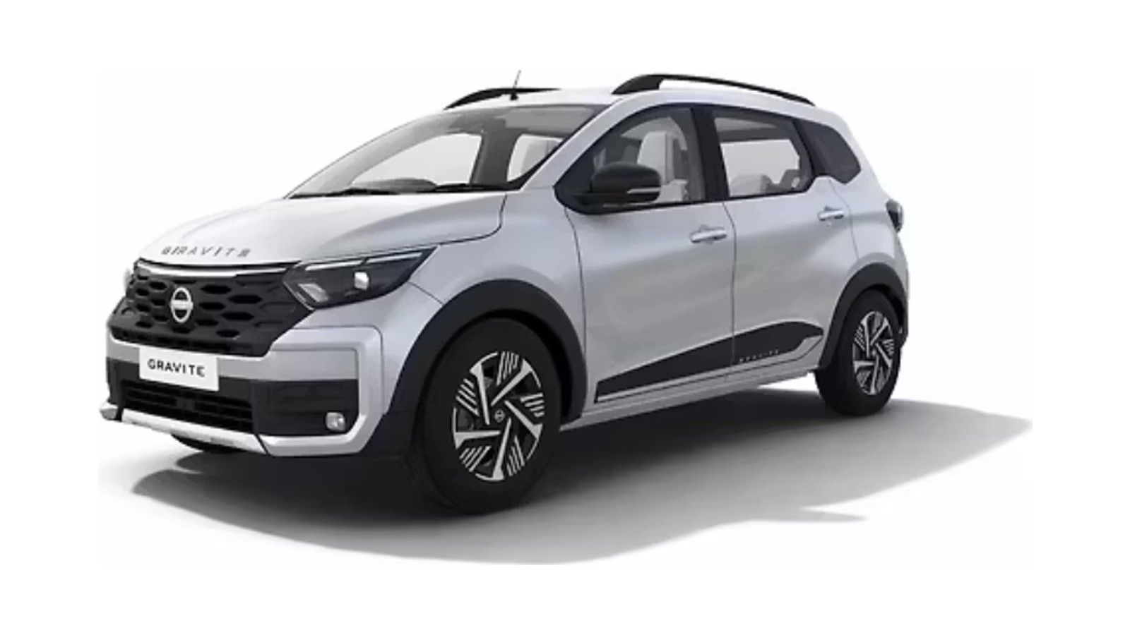 Silver compact SUV with black trim, roof rails, and alloy wheels displayed against white background.