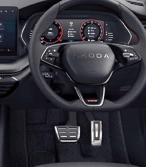 Skoda Octavia RS, Three-spoke perforated-leather RS multifunction steering wheel with paddle shifters.