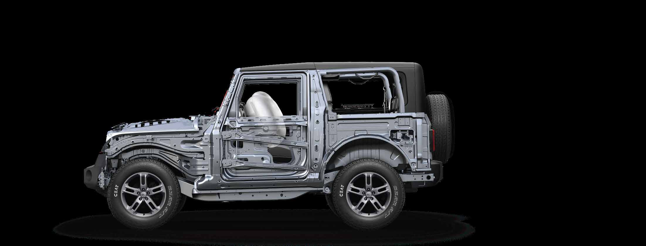 Mahindra Thar — Crash-safety compliant bodyshell with a built-in interior roll cage and dual front airbags