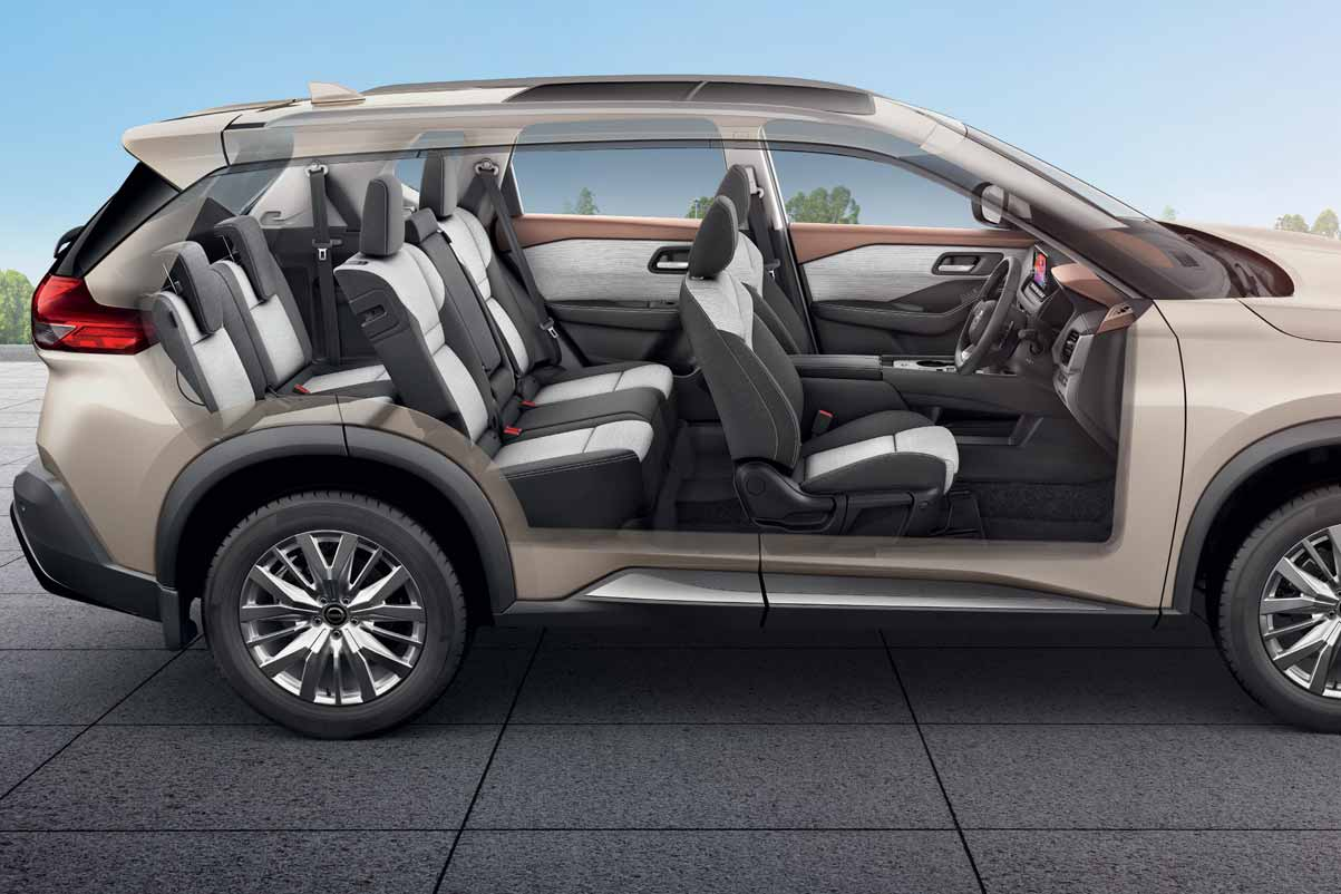 Nissan X-Trail — 3-row, 7-seat cabin layout with configurable 2nd and 3rd row seats