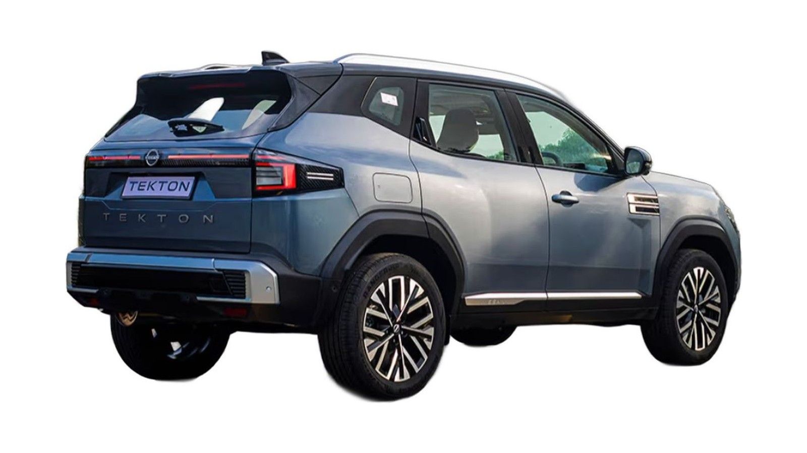 Compact SUV with two-tone blue and silver exterior, shown in three-quarter rear view.