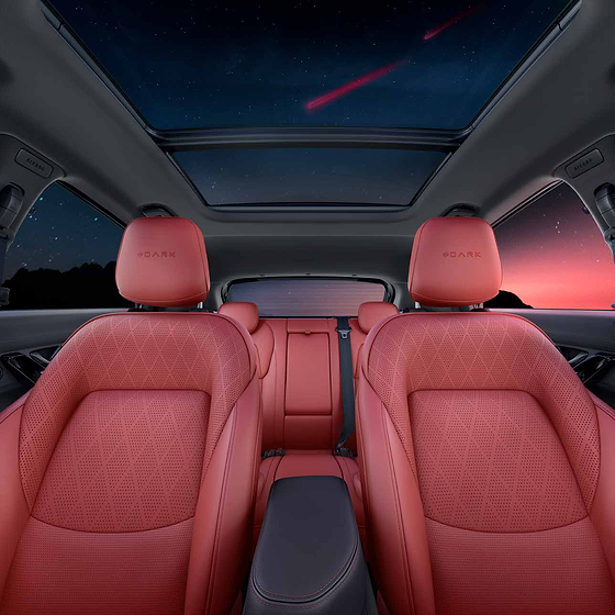 Tata Nexon EV, Nexon.ev Red #DARK cabin - red perforated leatherette seats with #DARK headrests under the panoramic sunroof
