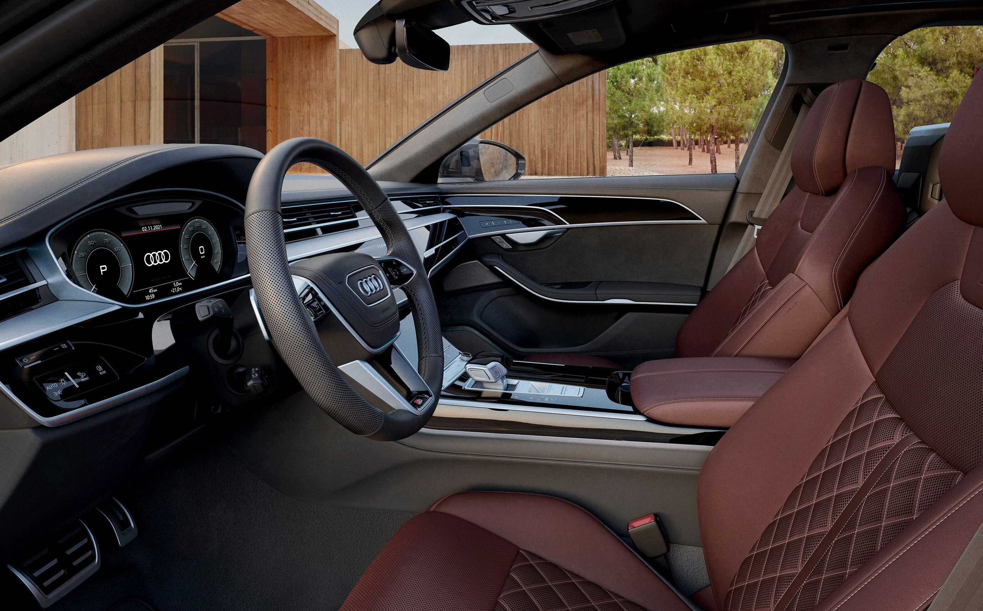 Audi A8 L — Driver's cockpit with Audi virtual cockpit, dual MMI touch displays and diamond-stitched Valcona leather seats