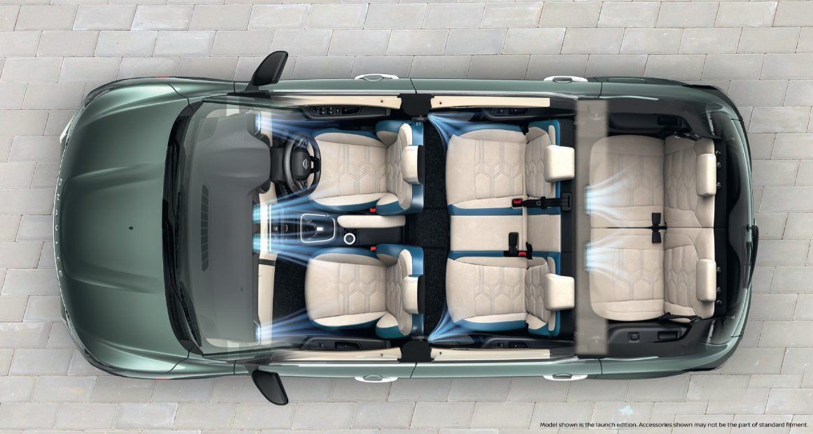 Overhead view of convertible SUV interior with six cream-colored seats and open roof.