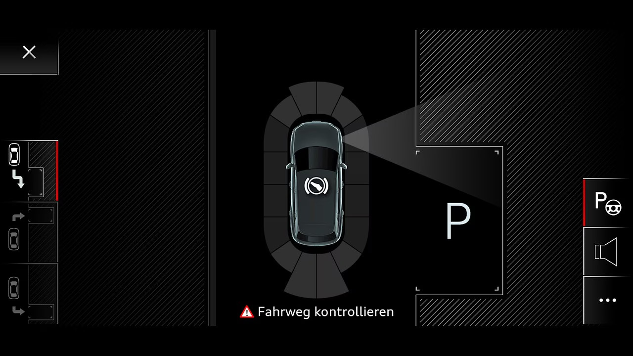 Audi Q3 — Park Assist display guiding the car into a perpendicular parking bay using ultrasonic sensors.