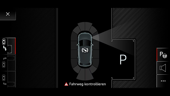 Audi Q3 (2022-2026), Park Assist display guiding the car into a perpendicular parking bay using ultrasonic sensors.