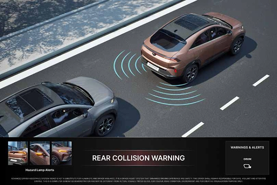 Tata Curvv, Rear Collision Warning alerts via the ORVMs and hazard-lamp alerts when a rear-end collision risk is detected.