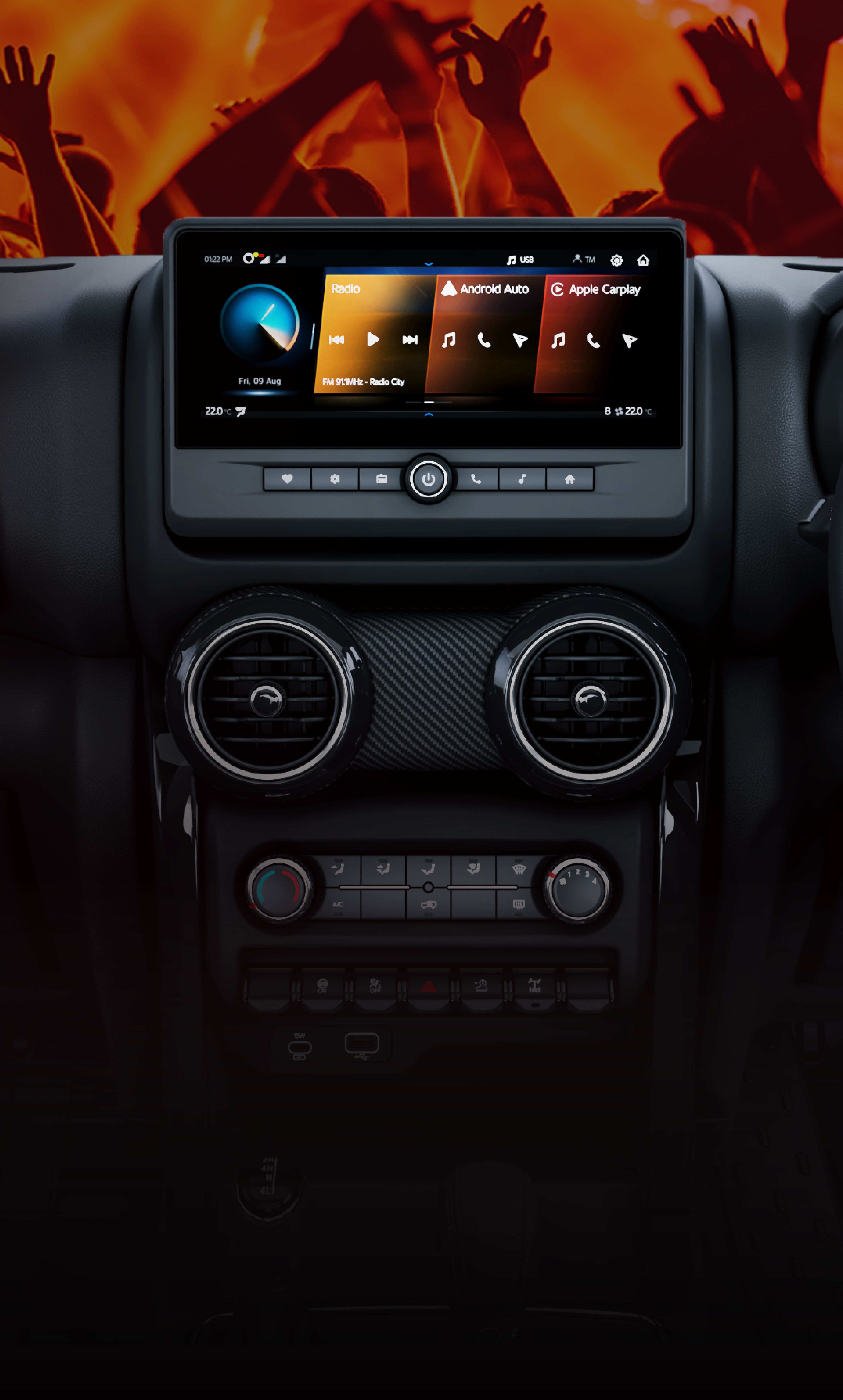 Mahindra Thar OG, Portrait close-up of the centre stack: touchscreen displaying the radio screen with Android Auto and Apple CarPlay tiles