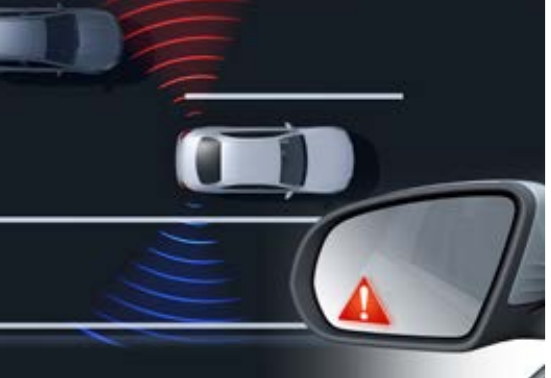 Mercedes-Benz EQS SUV — Blind Spot Assist diagram: a warning triangle lights up in the door mirror when a vehicle sits in the blind spot