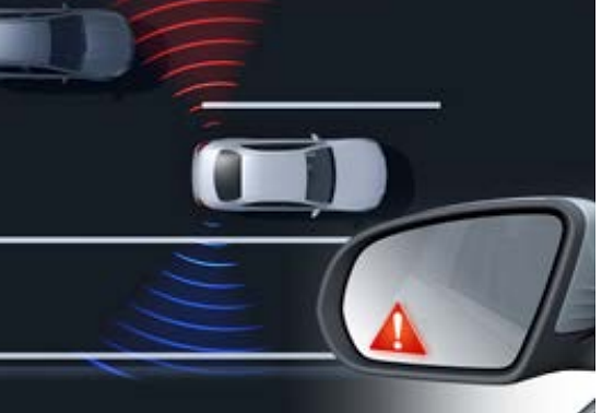 Mercedes-Benz EQS SUV, Blind Spot Assist diagram: a warning triangle lights up in the door mirror when a vehicle sits in the blind spot