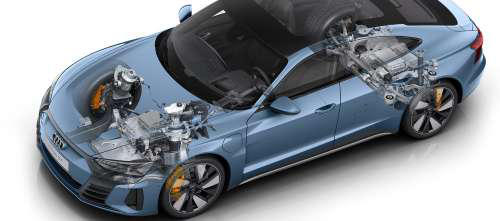 Audi e-tron GT — Cutaway view of the electric quattro all-wheel-drive layout, floor-mounted battery and ceramic brakes