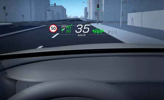 Mercedes-Benz EQS — Head-up display projecting speed, limits and navigation onto the windscreen