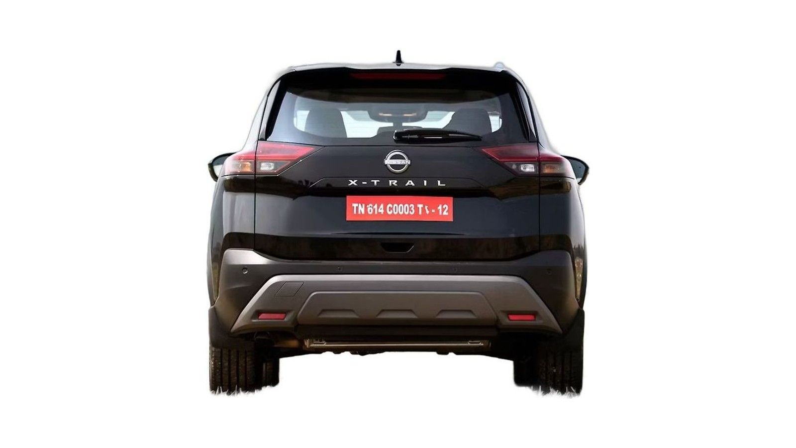 Black Nissan X-Trail SUV viewed from rear, showing taillights and license plate.