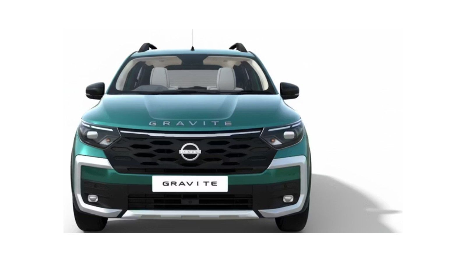 Teal and black SUV front view with roof rack and headlights on white background.