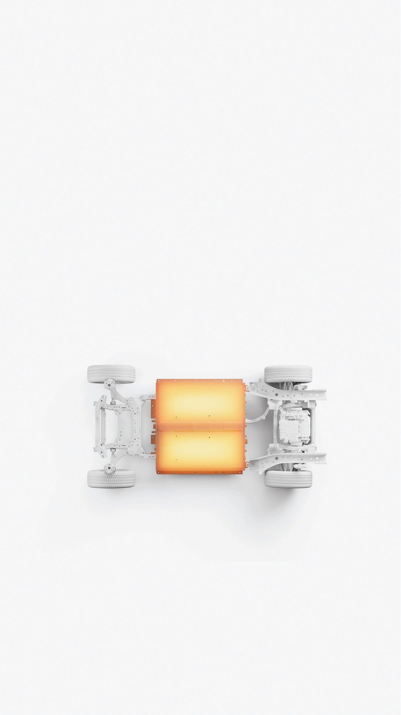 Volvo EX30 — Overhead cutaway of the electric platform highlighting the floor-mounted battery pack between the axles.
