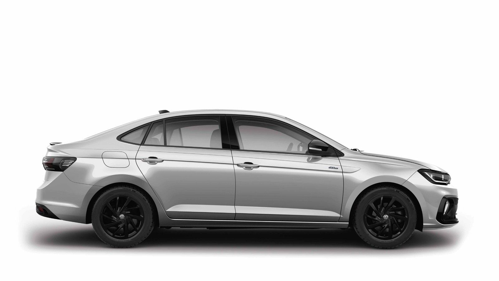 Volkswagen Virtus — Coupe-like sloping roofline, sharp dual shoulder lines and diamond-cut black alloy wheels.
