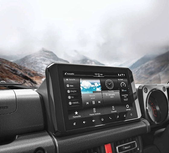Maruti Suzuki Jimny, Nine-inch SmartPlay touchscreen with wireless smartphone connectivity and drive info.